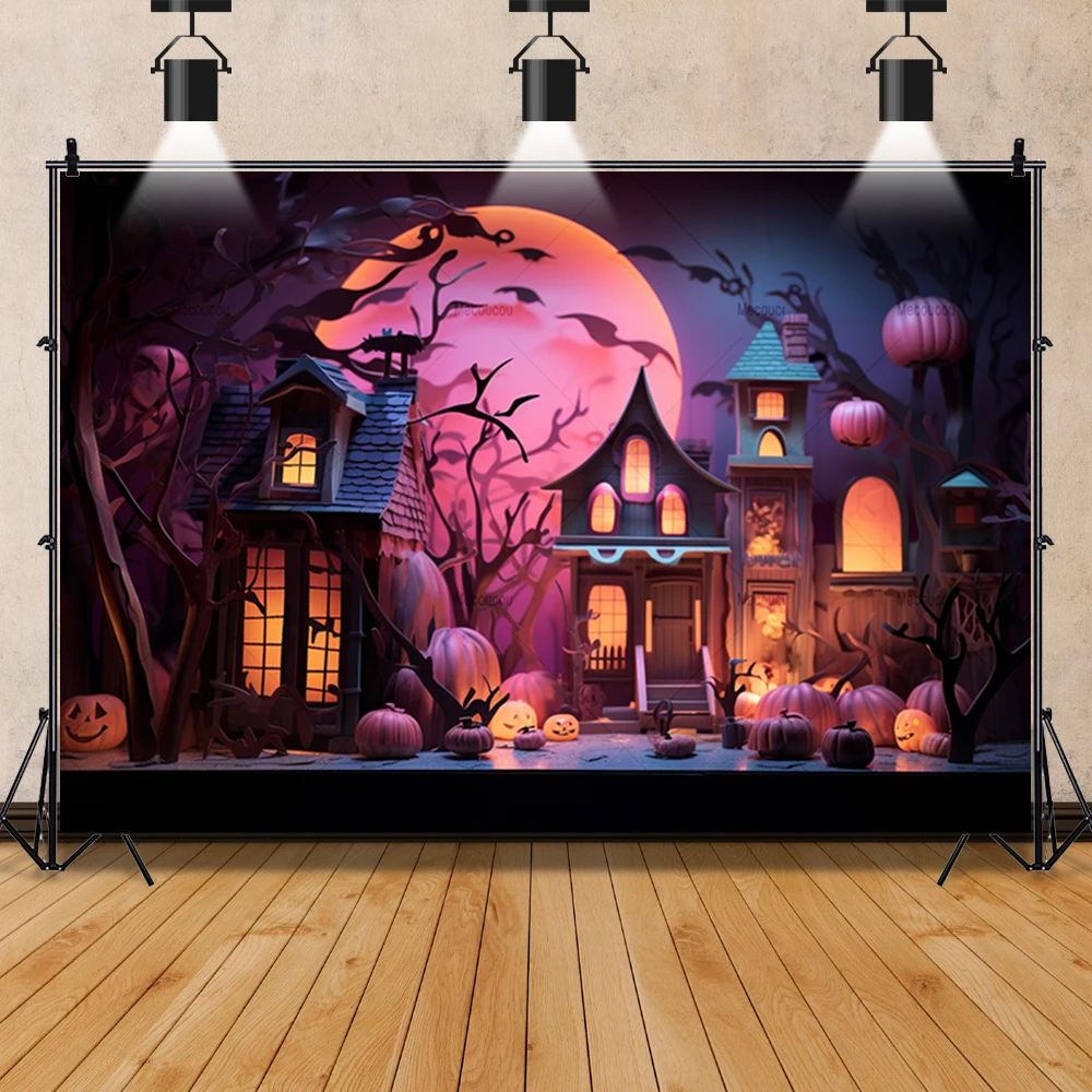 Halloween Big Ear Pumpkin Castle Horror Night Pumpkin Family Party Banner Backdrop Custom  Childs Photo Poster Decor Background