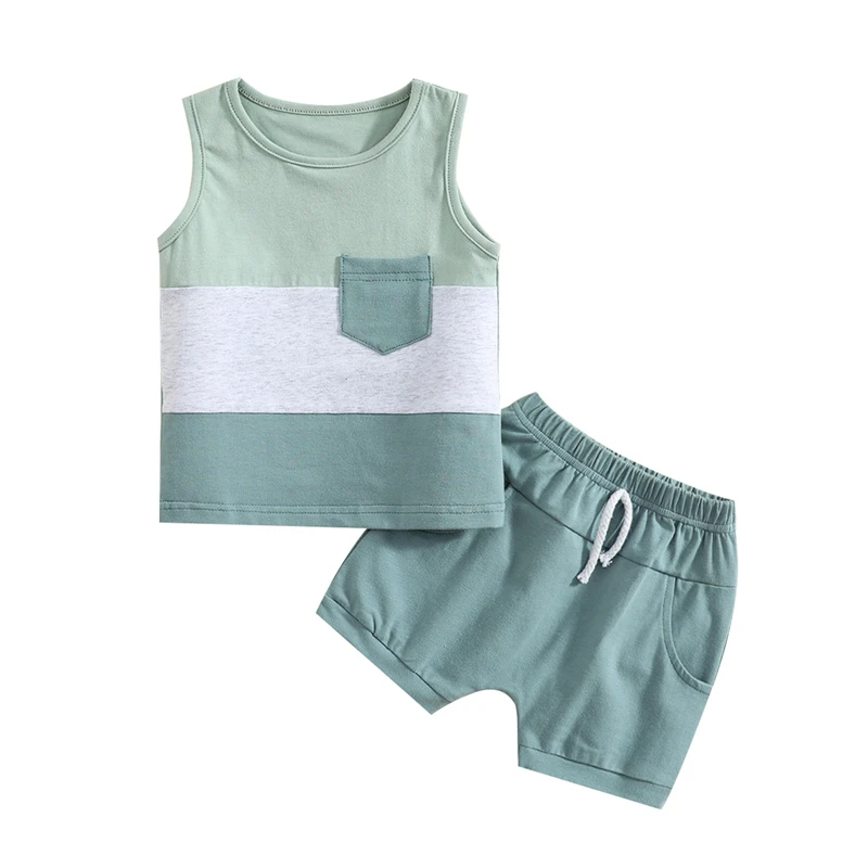 

Toddler Infant Baby Boy Summer Shorts Suit Patchwork Sleeveless Crew Neck Tank Tops Solid Shorts with Pockets