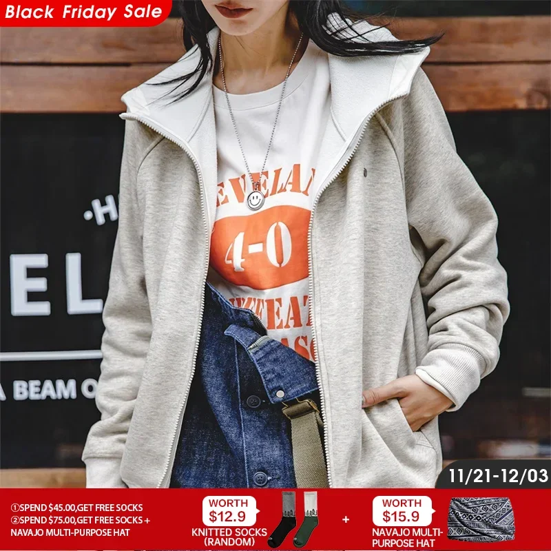 Maden Thickened Fleece Hooded Sweatshirt for Women Autumn and Winter Warm Jacket Loose Comfortable Outercoat Female Gray Jacket