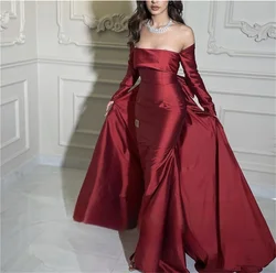 Burgundy Taffeta Mermaid Evening Dresses With Detachable Overskirt Strapless Long Sleeves Dubai Women Prom Gowns Vestido 2022