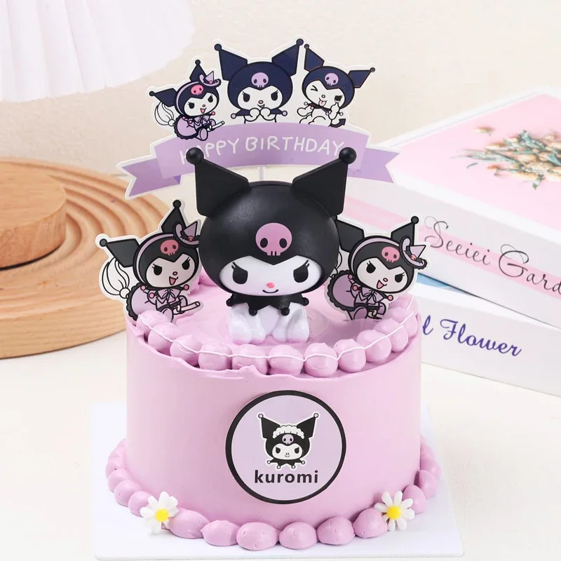 Kuromi kue Topper Anime figur aksi pesta Sanrio Selamat Ulang Tahun Kuromi kue Dekorasi mainan Baby Shower anak bendera hadiah