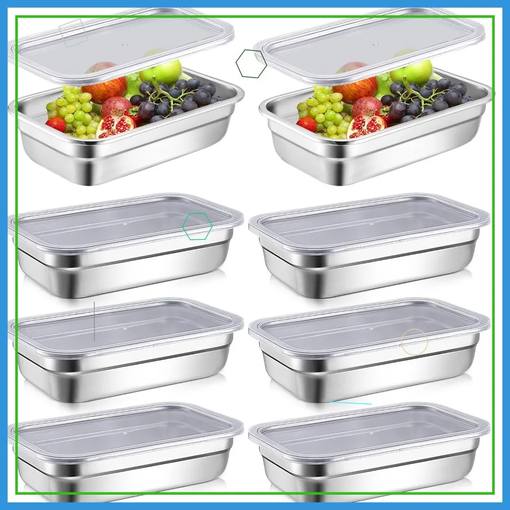 

Набор из 8 контейнеров для хранения продуктов из нержавеющей стали 304 с крышками, идеально подходят для кухни, кейтеринга и ресторанов (глубина 2,5 дюйма)