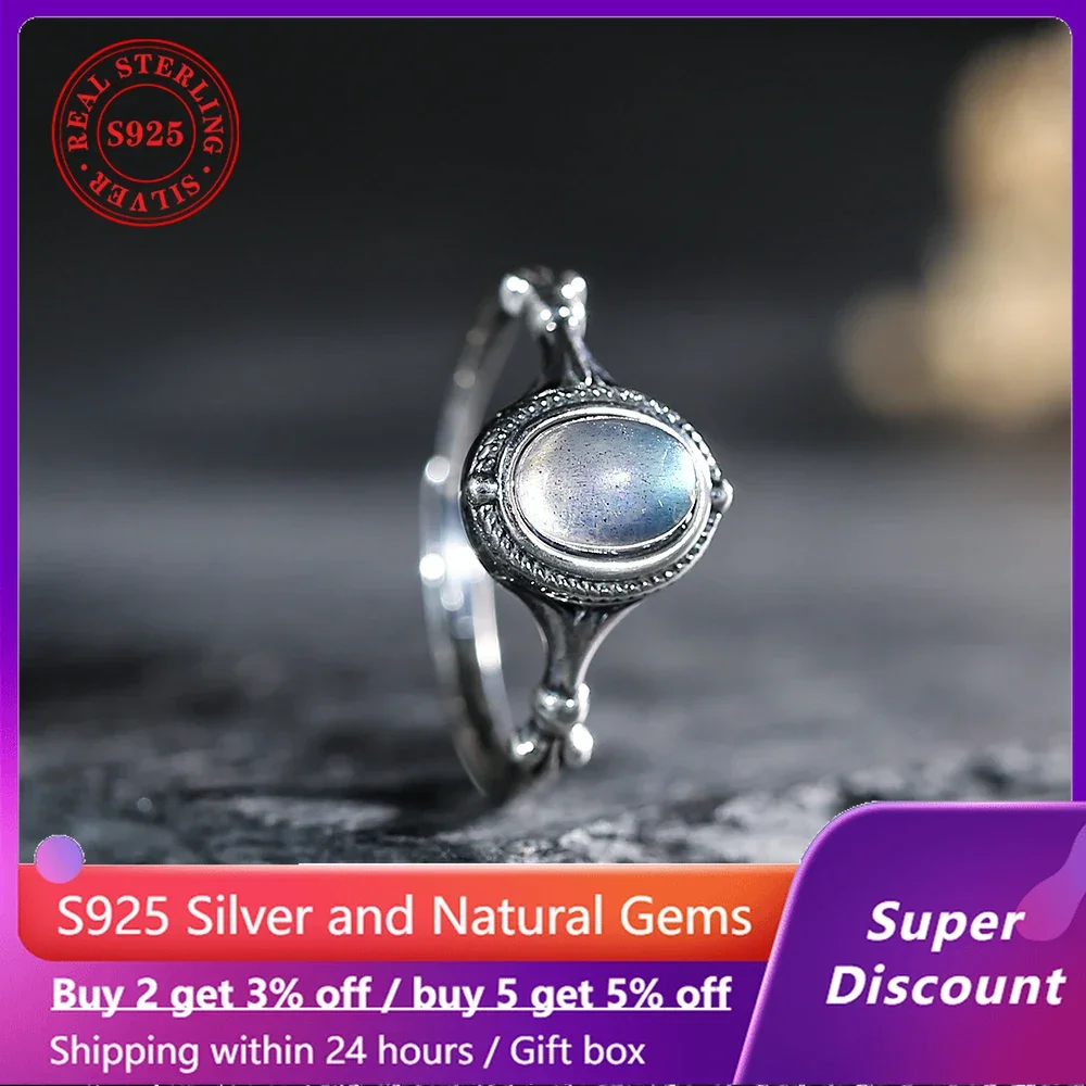 

New S925 Silver Ring Natural Color Mineral Crystal Moon stone Women's Ring Exquisite Jewelry Men's Ring Party Accessories Gift