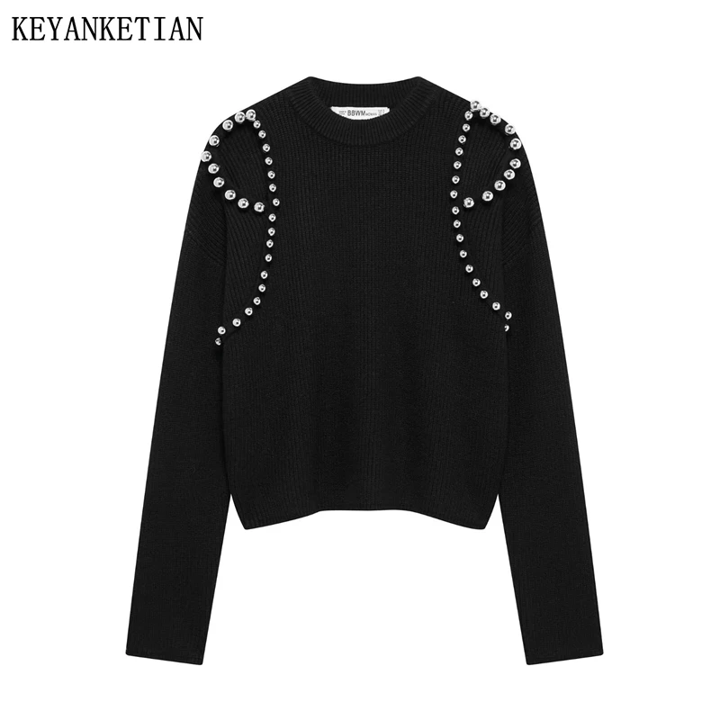 KEYANKETIAN Winter New Women Hollow out Off-the-shoulder Sweater Rivet Decoration O-Neck Long Sleeve Loose Pullover Knitted Top