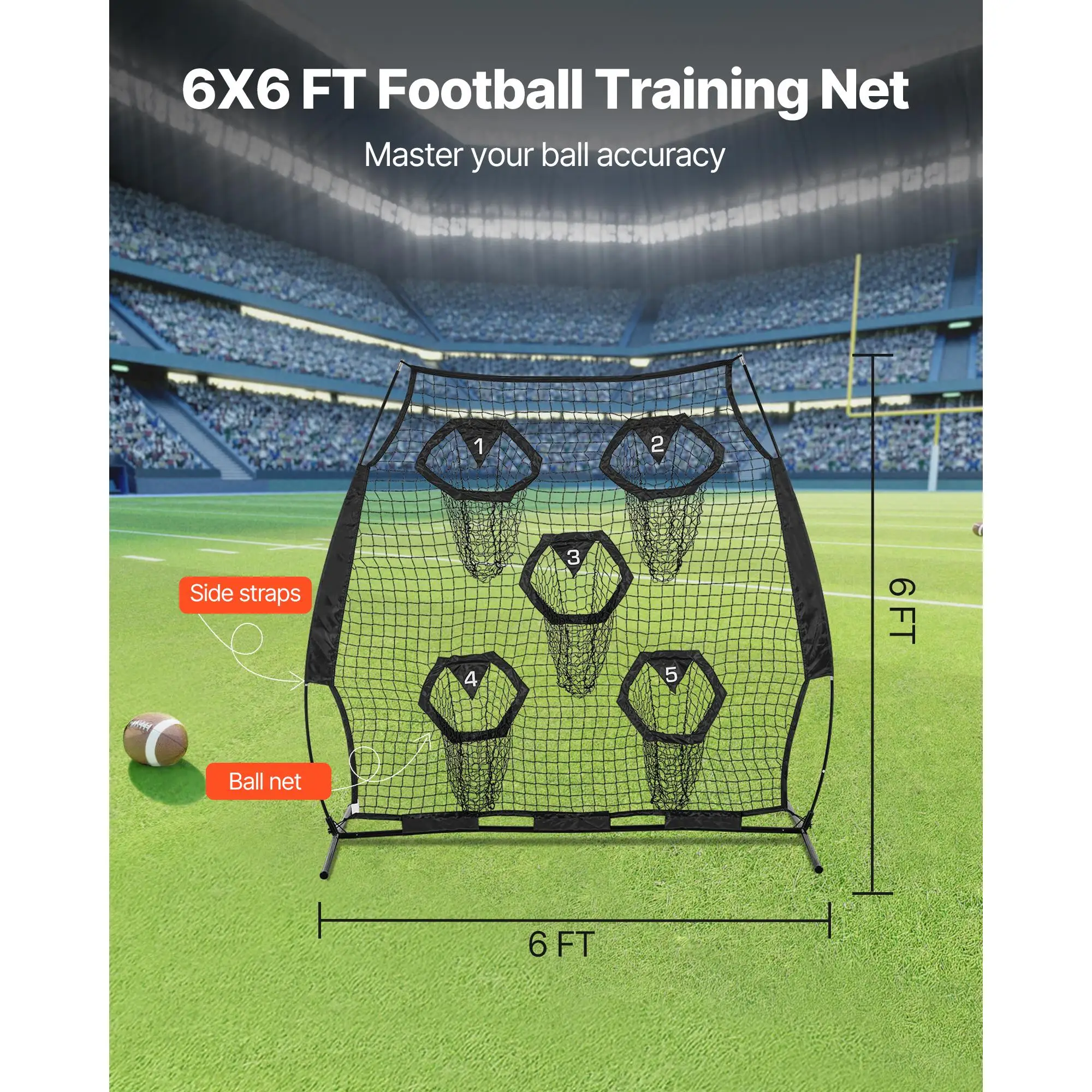 6x6ft Football Throwing Target Net with 5 Pockets Knotless Practice Net for QB Accuracy Training Includes Straps and Carry Bag Black