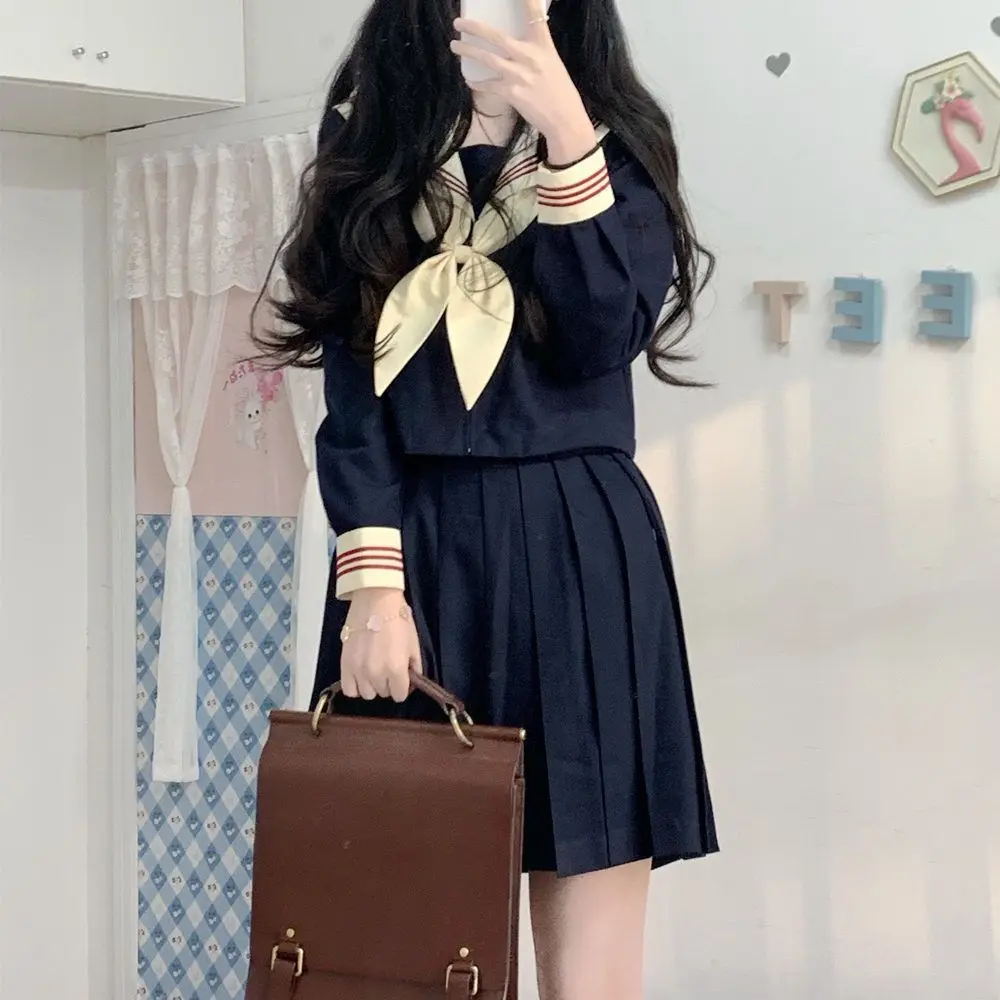 Uniforme Escolar Japonés para Niñas, Talla Grande, Traje JK Azul Marino con Corbata Beige, Uniforme de Marinero de Tres Piezas, Traje de Manga Larga para Mujer