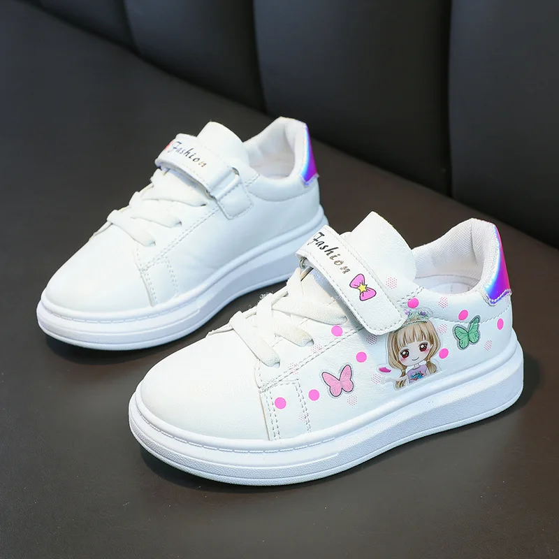 Children White Sneakers Girls Students Flat Casual Sports Shoes Kids Leather Upper Low Top Spring Korean Style Board Shoes