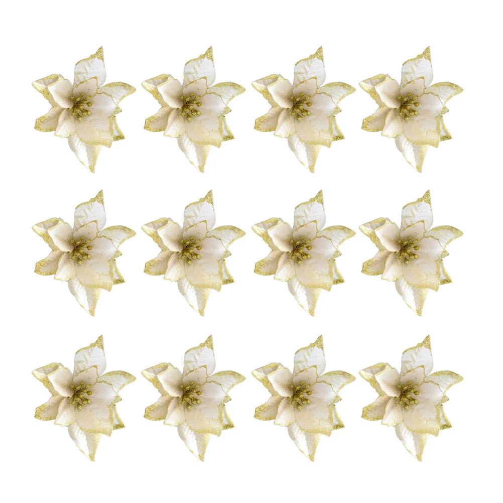 

24pcs Christmas Flower Decor Simulation Gold Powder Artificial Flowers For Christmas Tree Wedding Decoration Glitter Fake Flower