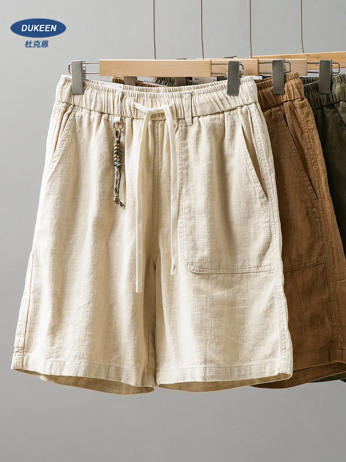 

DUKEEN Men's Linen Blend Cargo Shorts Summer Breathable Drawstring Casual Beach Shorts Loose Fit Knee Length Straight Leg Shorts