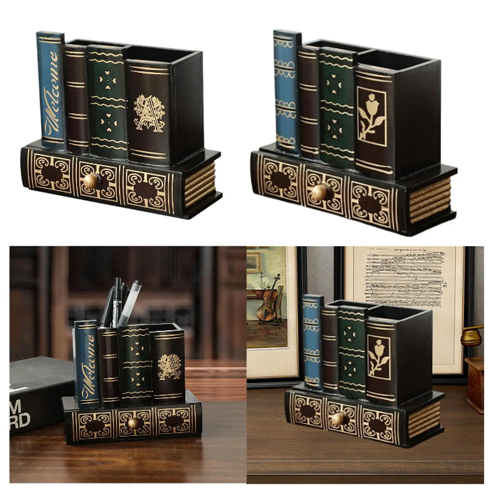 

Винтажный держатель для ручек для книги, стаканчик для ручек, антикварные книги с ящиком, искусственный орнамент для книги, держатель для карандашей для стола, домашнего кабинета, декора спальни