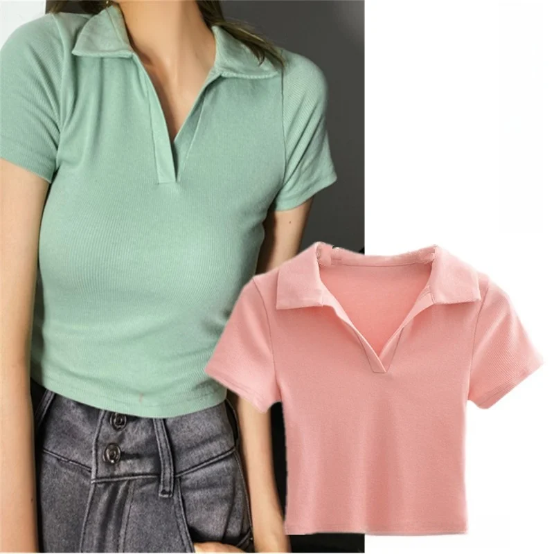 Slim Fit ort Sve T-irt Women's Summer V-ne  Collar  Navel Tight Top Street Sle Casual Wear Pure Color