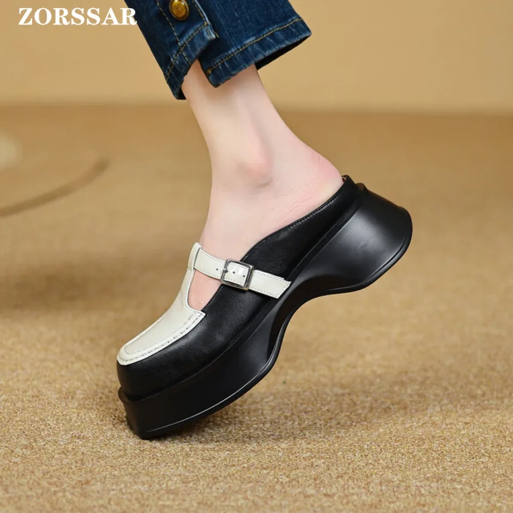 Flat Platform Shoes Women Summer Slippers Women\'s Flats Genuine Leather Slingbacks Ladies Casual Lazy Ladies Mules Footwear