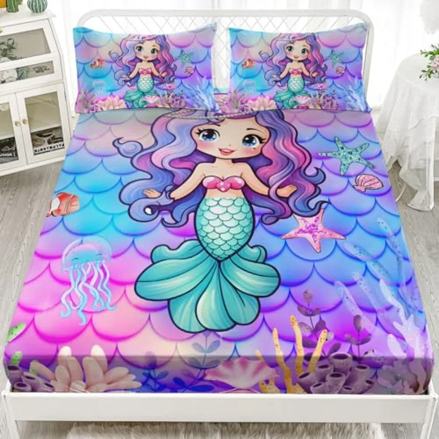 

Mermaid Fitted Sheet for Girls Size Mermaid Princess Bedding Set Ocean Theme Bed Sheet Set Purple Blue Watercolor Fish Scale Be