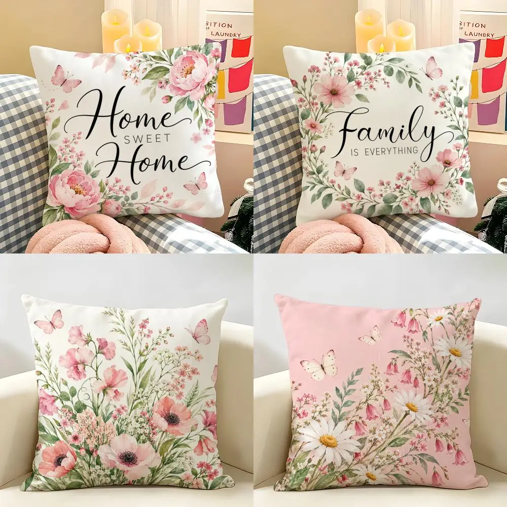 Blush Family Wildflowers Variants Cushion Cover Natural Linen Double Sided Print  Throw Pillow Case for Sofa Couch Home Decor