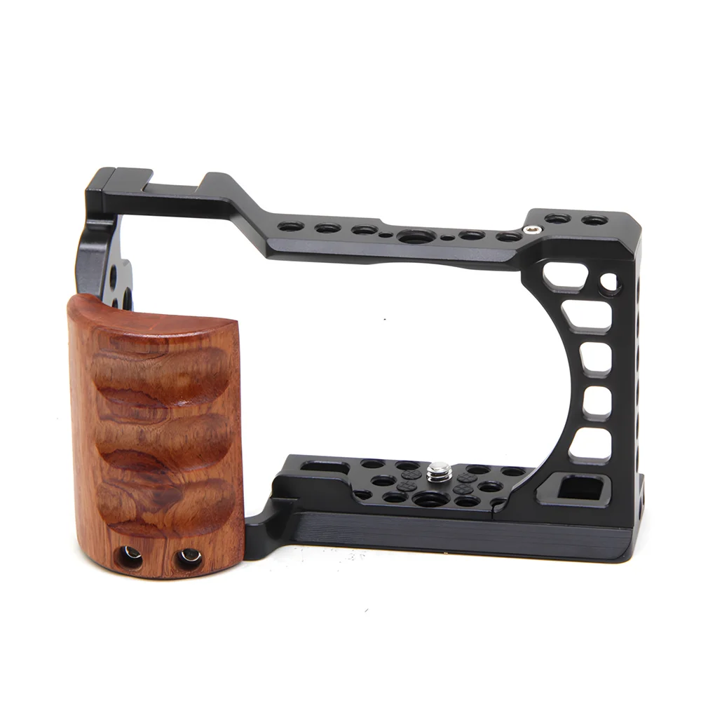 Aluminum Camera Cage Rig Stabilizer for Sony A6000/A6300/6400/6500 DSLR Bracket w Wooden Handle Cold Shoe with1/4-20 for Video