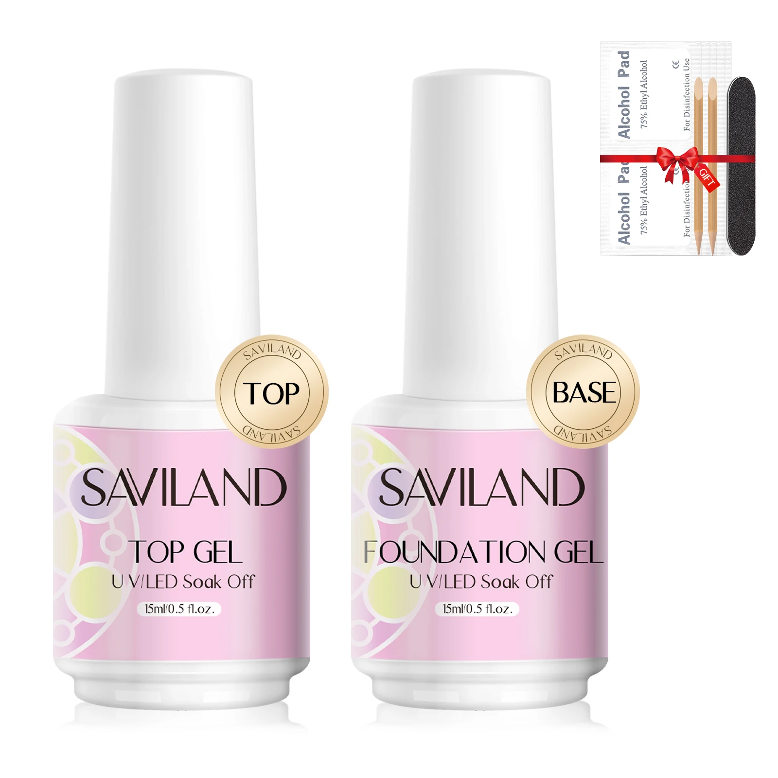 Saviland 2pcs 15ml Nail Polish Base and Top Coat No Wipe Clear Gel Semi Permanent Soak Off UV LED Nail Art Manicure Design Tool