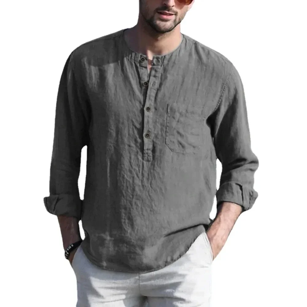 Summer Hot Sale Men\'s Cotton Line Shirts Long-Sleeved Solid Color  Stand-Up Collar Tops Casual Beach Style Daily Breathable Wear