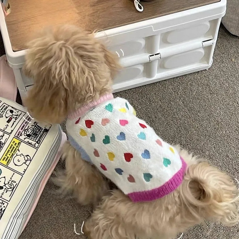 Pull brodé à motif de cœur pour chien, Teddy, vêtements doux, Bichon, tricot d'hiver, Yorkshire, chaud, sans manches