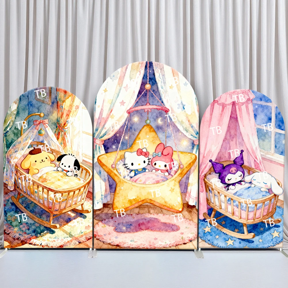 

Sanrio Characters Baby Crib Style Arch Backdrop Cover Warm Festive Scene For Kids Birthday Baby Shower Photo Booth Background