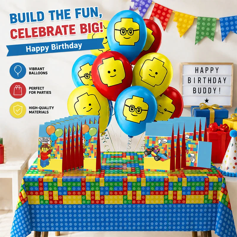 Building Block Combination Set Birthday Party Supplies Paper Bag Tablecloth Balloon Easy To Carry And Use Perfect Decorations