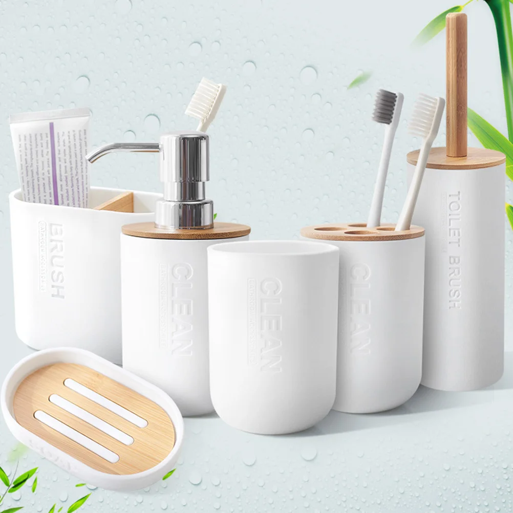 

1 Set White Plastic Bamboo Bathroom Accessories Set Ergonomic Design Easy Clean Home Decoration Gift Sanitary Storage