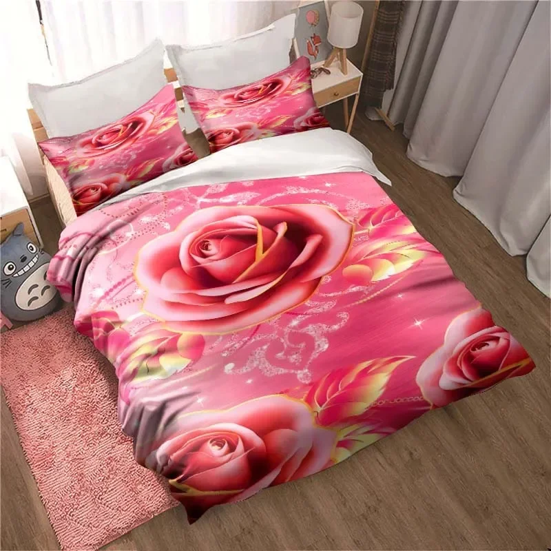 

Rose pillowcase and duvet cover, living room and bedroom home supplies, chrysanthemum pattern children's room bed three-piece