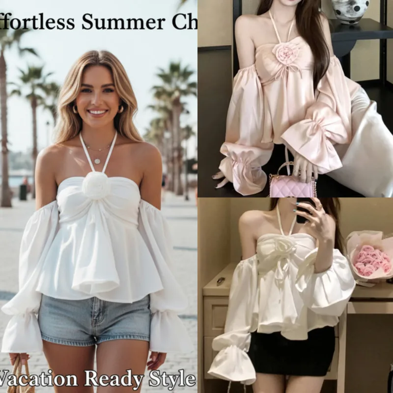 

Floral Y2K Halter Crop Top Women French Style Off Shoulder Lace Blouse Women Sexy Strapless Bell Sleeve Shirt Tee Top Gift New