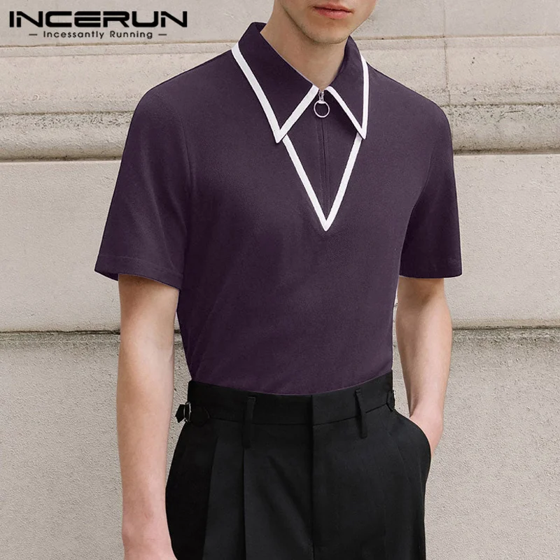 Incerun Herren hemd Patchwork Revers Kurzarm Reiß verschluss lässig Herren hemden Streetwear Sommer 2024 Mode Freizeit Herren bekleidung