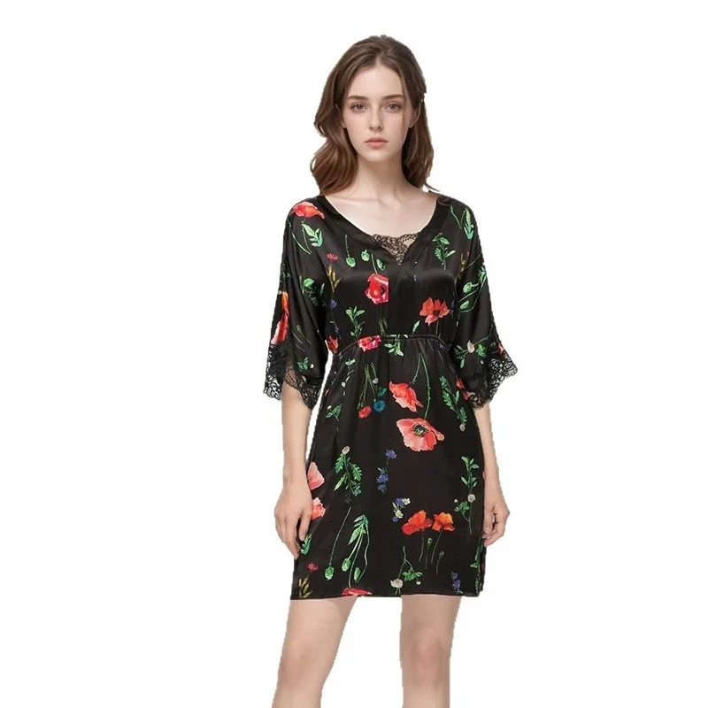 

Summer 2025 New Style Women's 100% Mulberry Silk Printed Silk Dress, Sexy Cool Feeling Home Sleep Dress