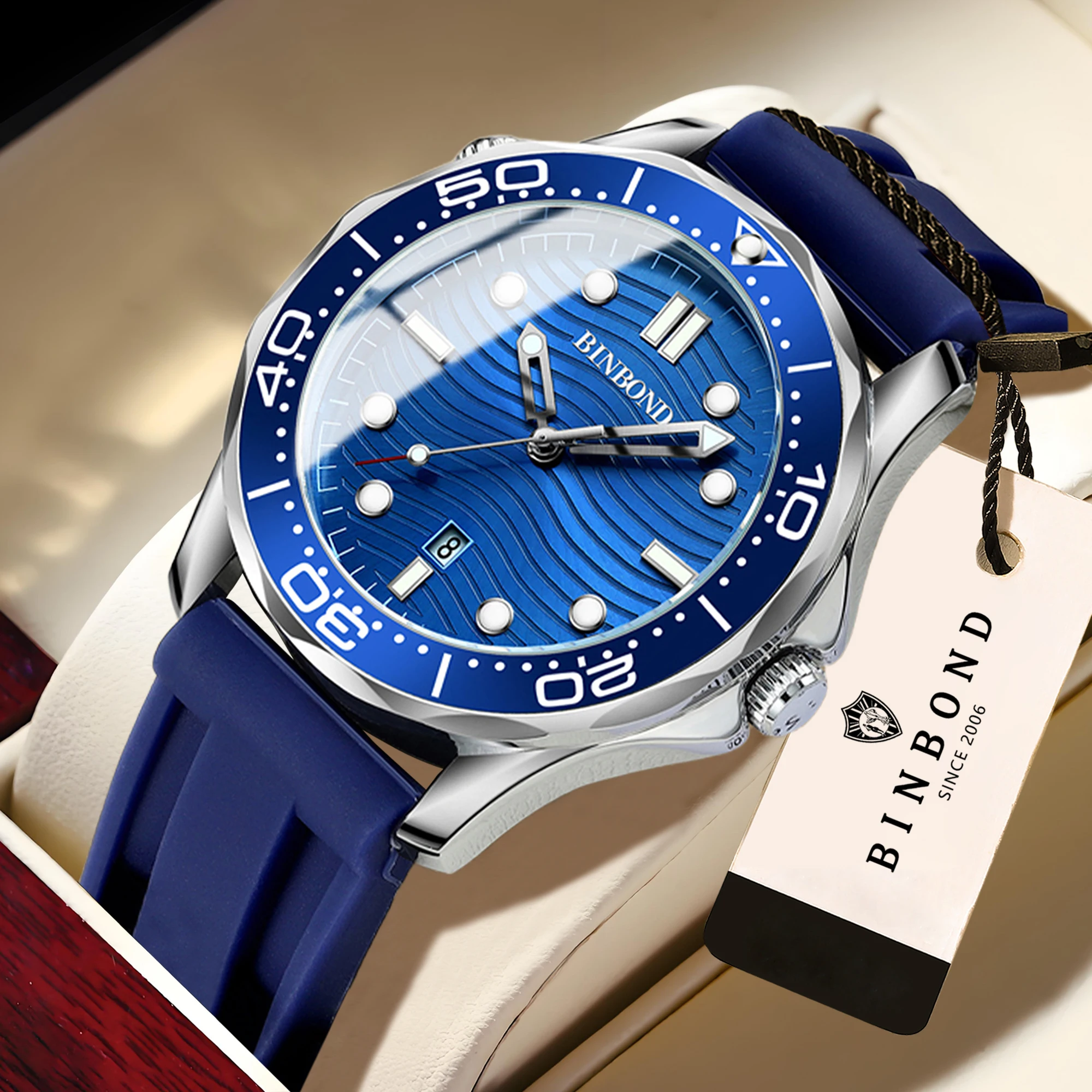 BINBOND Luxus-Quarzuhr für Herren, leuchtend, wasserdicht, gewellt, Herrenuhr, Sportuhr, Reloj Hombre, Geschenke für Herren