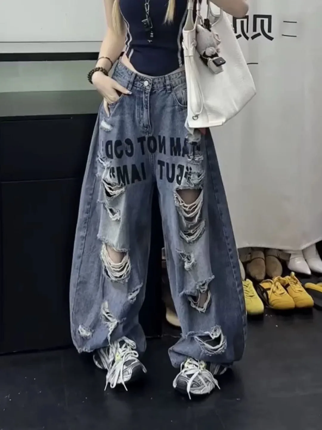 

American High Street Heavyweight Washed Destroyed Denim Jeans Women's Punk Hot Girl Wasteland Style Faded Dirtied Floor-Lengt...