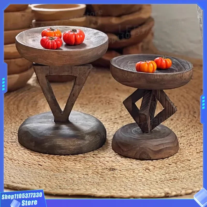 Retro Solid Wood Fruit Plate African Tribe Style Wabi Sabi Decorative Tray Medieval Wooden Aromatherapy Candlestick Art