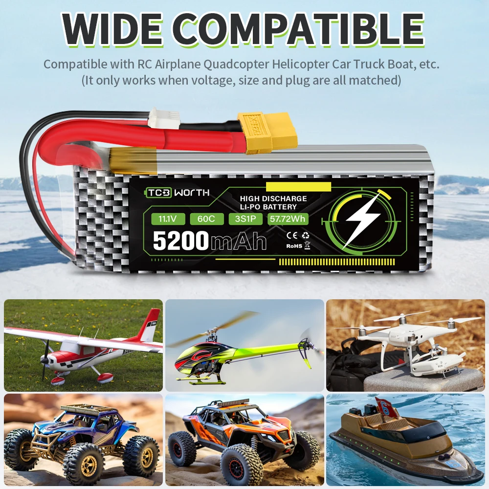 Batterie Lipo 3S avec connecteur EC5 pour modèles RC, batterie pour voiture, bateau, camion, hélicoptère, avion, course, 11.1V, 80C, 60C, 5200mAh