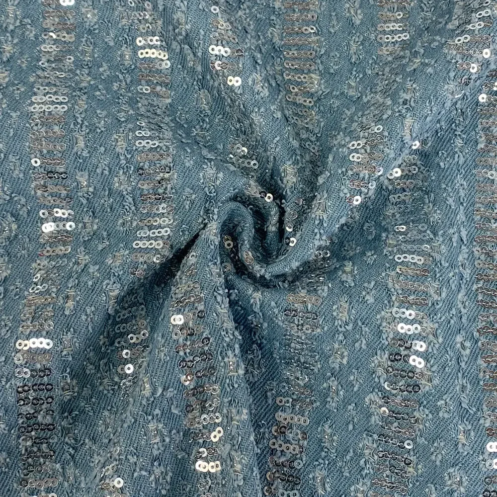 

Striped Ripped Sequin Denim Cloth New Designer Woven Denim Fabric For Short Jacket in Stock
