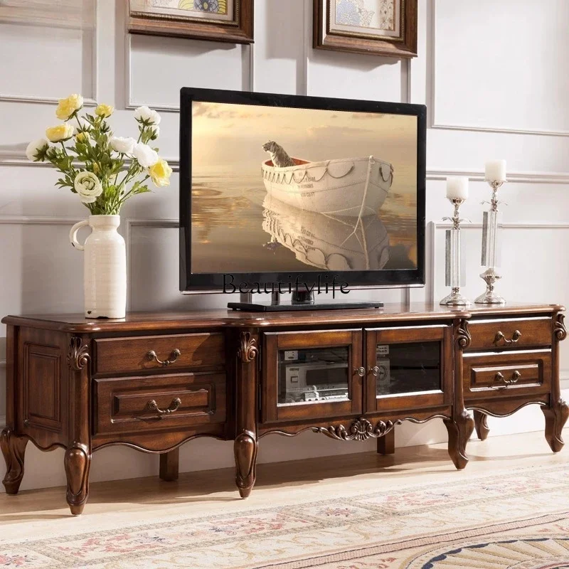 

LJYHigh-end American-style Solid Wood TV Cabinet Living Room Vintage European-style TV Floor Cabinet Dark Color