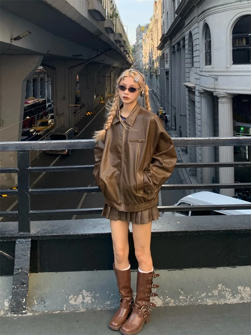 レディース バイカー スレ コーヒー レザー ジャケット 秋冬 ファッション デザイン レトロ アメリカン ジャケット コート ロング スリーブ ジッパー クロージャー