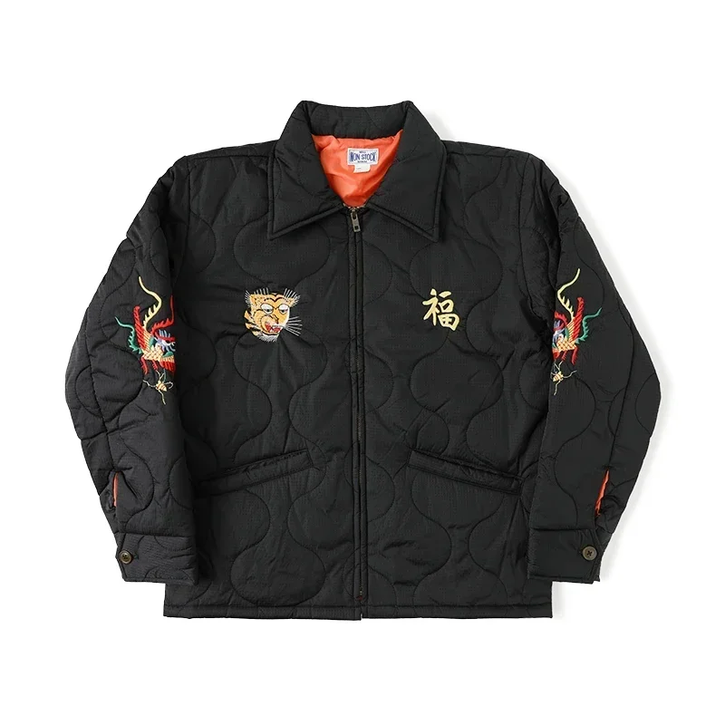 Unisex Military Quilted Jacket Embroidered Amekaji Style Casual Coat Vintage Streetwear Winter Outerwear