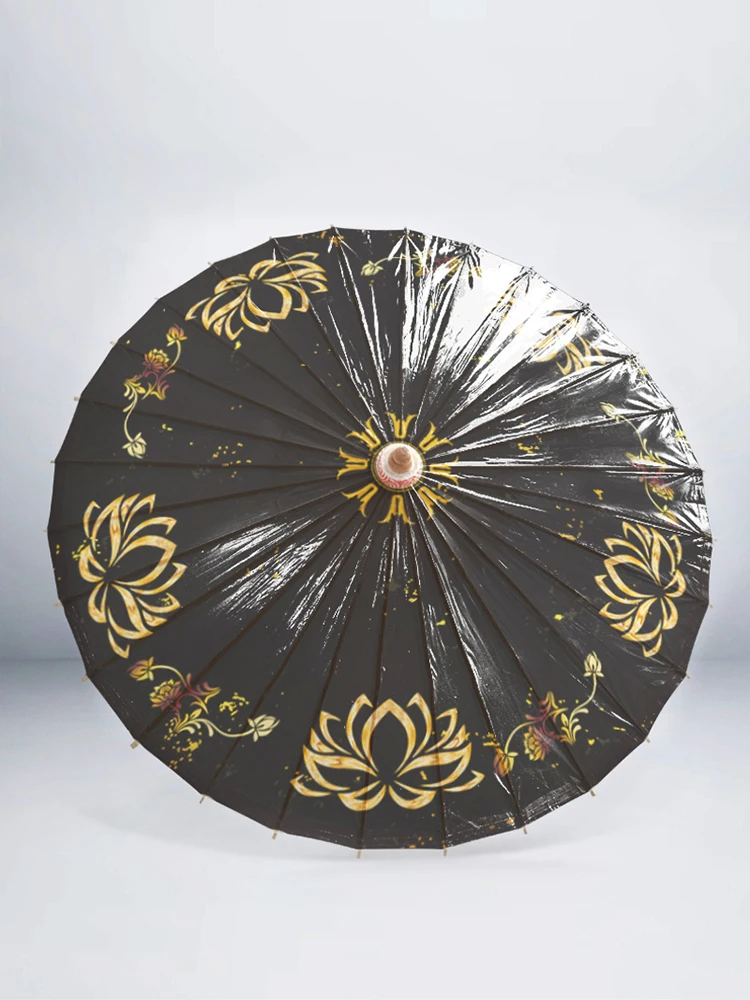 Black Gold Hanfu Oil Paper Umbrella Handmade Traditional Rain Sun Protection Practical Dance Performance Ancient Costume Film