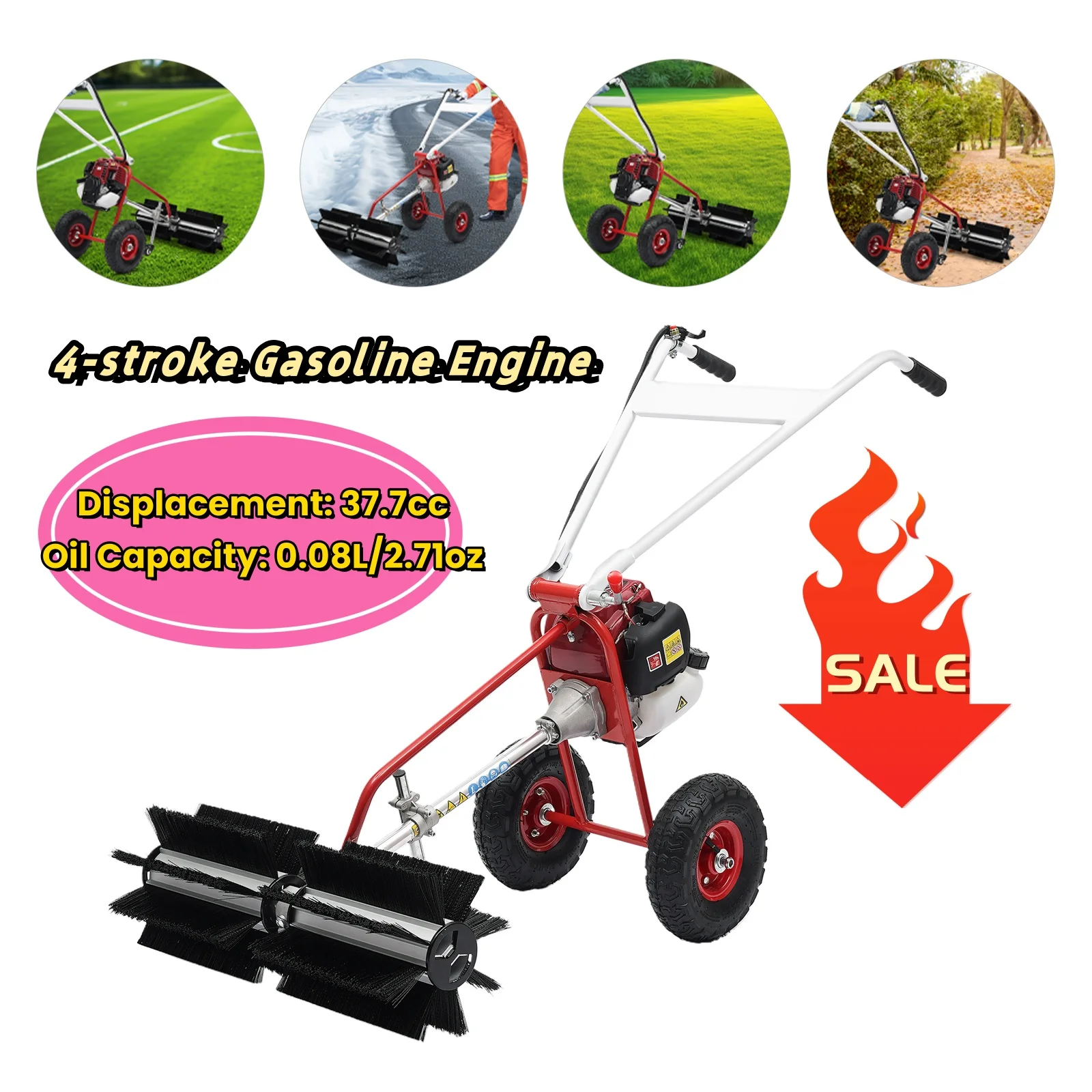 4-Stroke Gasoline Powered Broom Hand Held Sweeper  Driveway Turf Lawns Artificial Grass Cleaning