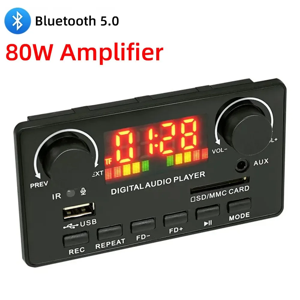 

Amplifier Bluetooth 5.0 2*40W Bass MP3 Player WAV Decoder Board 12V Car FM Radio Module Support Alarm Clock TF USB AUX Record