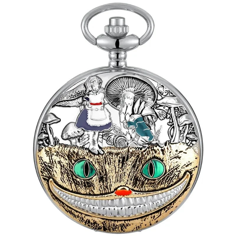 Silver Cute funny Cat design Retro Time Gemstone Quartz Pocket Watch Fashion Pendant Necklace for Men, Women and Children Gift