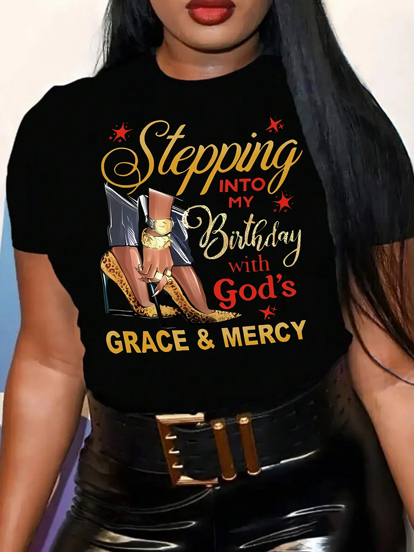 

Letters and high heels round neck plus size women T-shirt short sleeve trend printing elastic half sleeve T-shirt