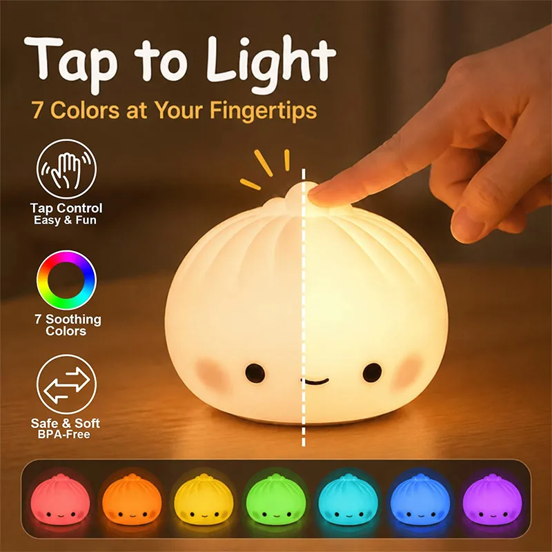 New Smart Silicone Dumpling Mushroom Night Light Desk Lamp Usb Rechargeable Halloween Christmas Creative Gift Home Bedroom Decor