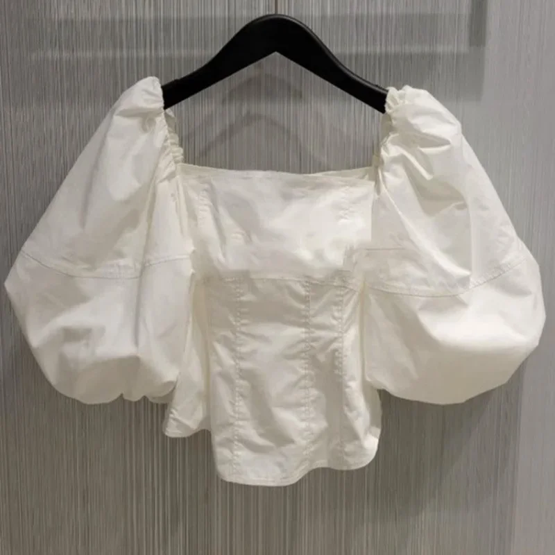 

2025 New Summer Square Collar Lantern Sleeve Blouse Women Fashion Loose Three Quarter Short Shirt Slim Zipper Female Tops