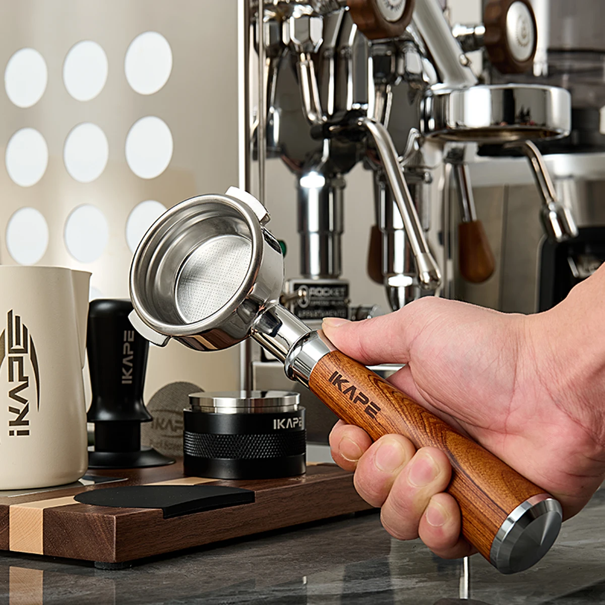 IKAPE 51/54/58mm Bottomless Portafilter with Wooden Handle | Fits Select Models Delonghi, Barsetto, Breville, LaMarzocco,Welhome