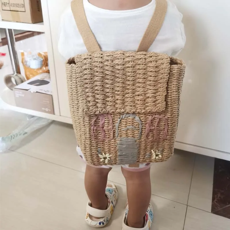 New style Kawaii double-shoulder straw woven bag with hand-carrying woven backpack For Children