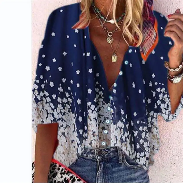 Col montant imprimé pour femmes, irt, manches mi-longues, coupe ample, fibre de Polyester, longueur 00% sept Sve, motif Floral