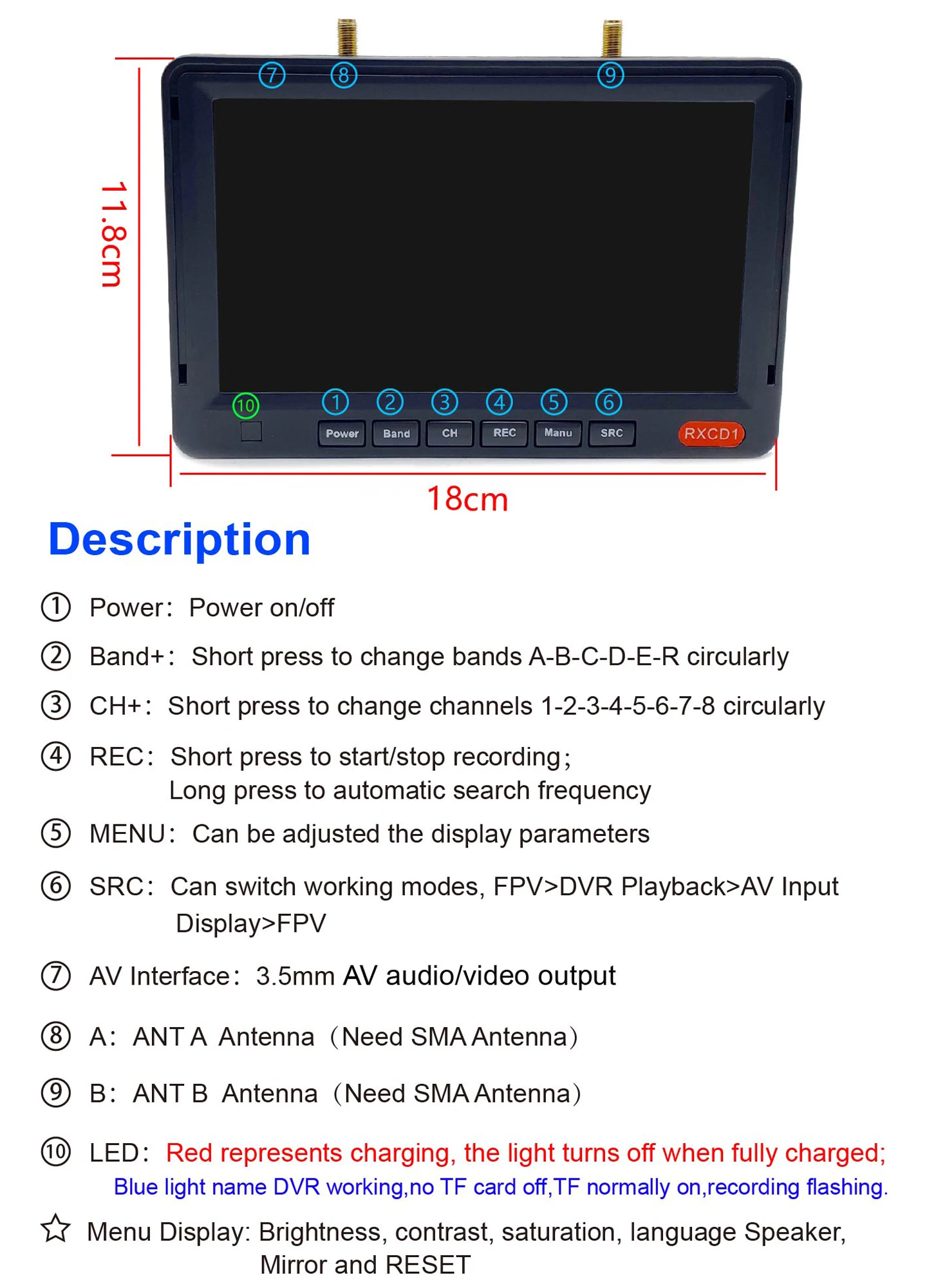 

RXC 5.8G 56CH FPV 7INCH Dual Antenna Monitor with DVR Built-in 4000mAh battery 600cd/㎡ 1024*600PX FPV Receiving Display Screen