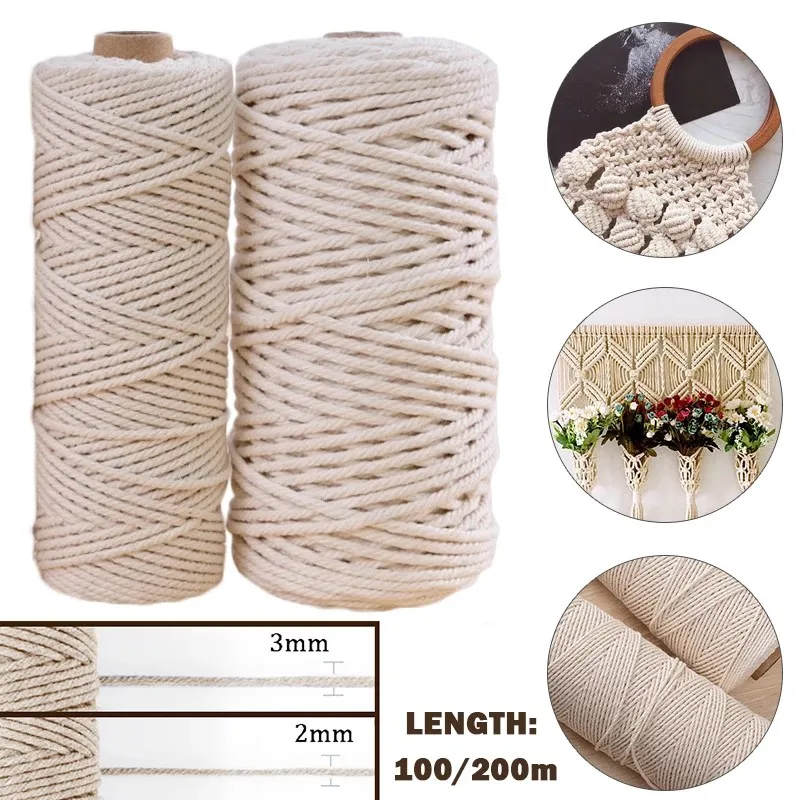 2-100M Macrame Cotton Cord Thread for Handmade Natural Cotton Macrame Rope DIY Craft Knitting Making Plant Hangers Wall Hangings