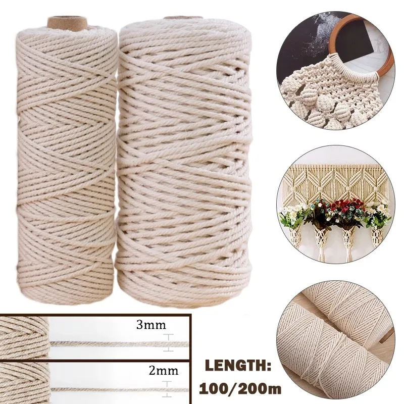 Fil de coton macramé pour tentures murales, ULen coton naturel, bricolage artisanal, cintres de plantes exécutifs ogo, 2-100m